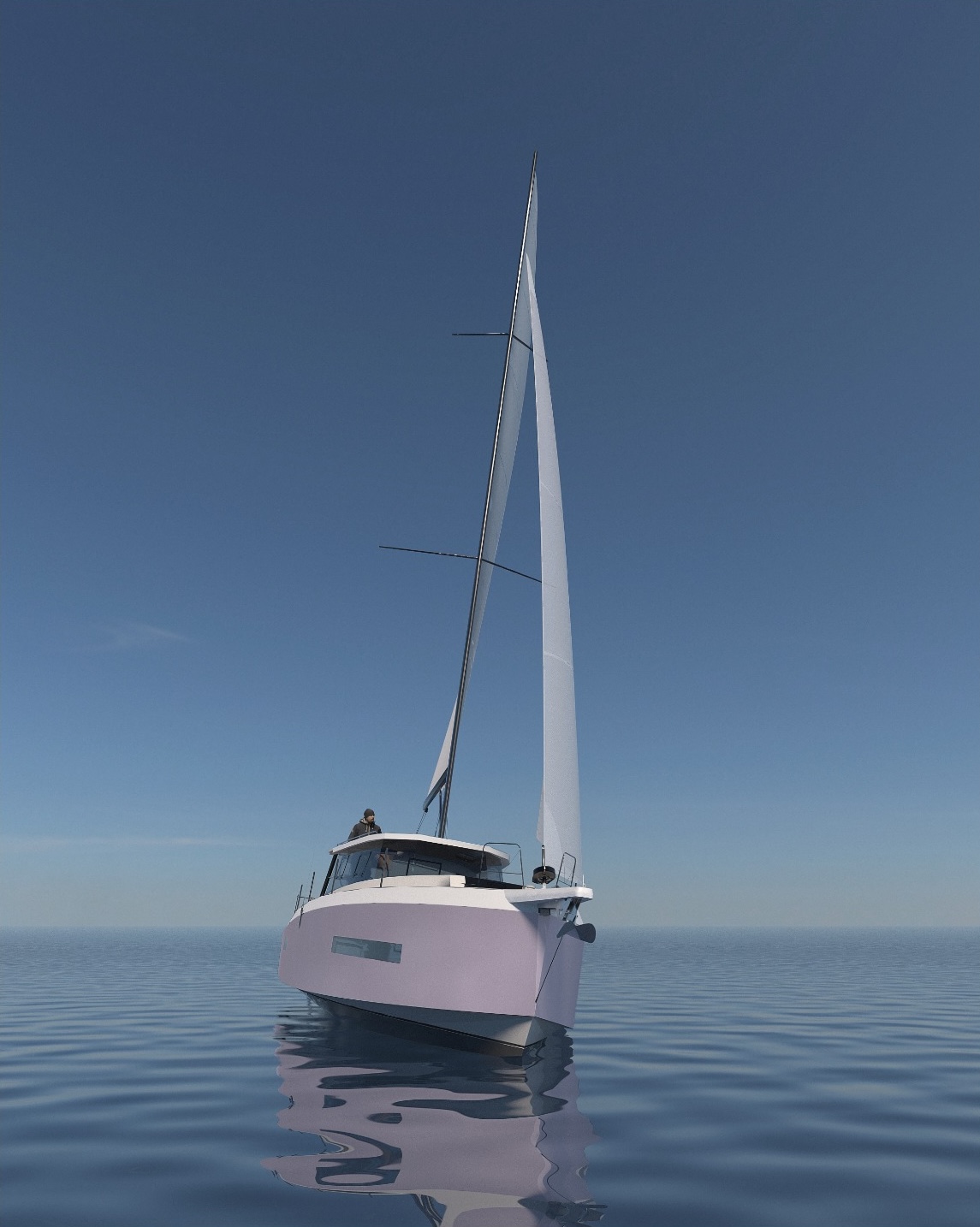 Vue du bateau de face qui avance sous voile.